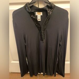 Talbots Womens Black Tunic Top Sequin Embroidered Split Neck Size Medium